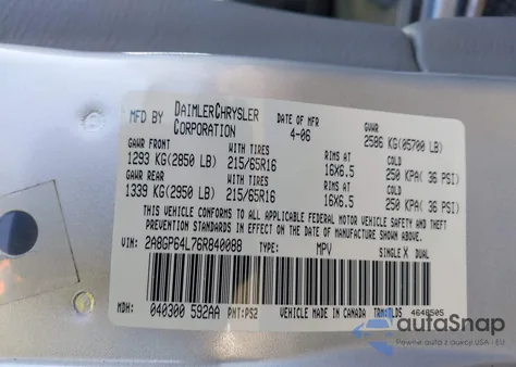 2006 Chrysler Town & Country Limited z USA, uszkodzony, nr VIN 2A8GP64L76R840088